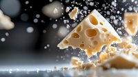 Floating pieces of Swiss cheese with holes and water drops splashing in dynamic composition against dark background. Food photography concept.