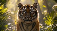 Majestic Bengal tiger portrait with piercing blue eyes against blurred tropical foliage background in golden sunlight, dramatic wildlife close-up view.