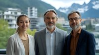 Diverse business team of three professionals smiling against backdrop of mountain city landscape, representing corporate success and collaboration.