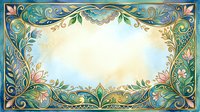 Ornate watercolor floral frame with gold accents, green leaves, and pink flowers on a soft blue and cream background, perfect for invitations.
