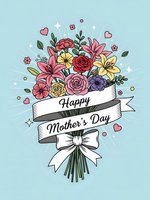 Happy Mother's Day floral bouquet with ribbon banner and decorative hearts on light blue background for greeting cards and celebration designs.