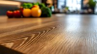 Rustic wooden table surface with blurred fresh vegetables in background, showcasing natural wood grain texture and warm tones for food photography and kitchen design.