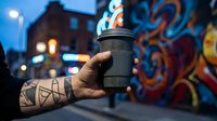 Person with geometric tattoos holding takeout coffee cup against urban graffiti wall at dusk, suitable for beverage, lifestyle, and street culture marketing.