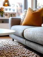 Cozy living room corner with gray upholstered sofa, orange accent pillow, and textured woven rug. Modern round coffee table and warm pendant lighting create relaxing atmosphere.
