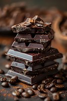 Stack of broken dark chocolate pieces with coffee beans and cocoa powder on dark background, macro food photography for confectionery advertising.