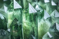 Green crystal formations with pointed tips and geometric shapes in macro view, showing natural mineral structure and light refraction patterns in emerald tones.