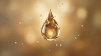 Golden oil drop with crown-like splash against warm bokeh background with floating bubbles for luxury skincare and cosmetic product advertising.