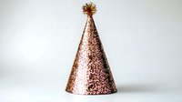 Rose gold sequined party hat with metallic pom pom on white background, isolated for celebration designs, birthday parties, New Year events.