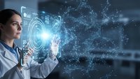 Female scientist in white lab coat interacting with futuristic holographic interface displaying digital network connections and data visualization technology.