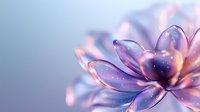 Ethereal glass lotus flower with glowing pink and purple petals against soft blue background, sparkling with magical light particles for spiritual and wellness designs.