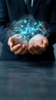 Businessman hands holding glowing digital network connections with data points and technological interface for innovation and connectivity concepts.