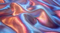 Shimmering metallic fabric with flowing waves in coral pink and ice blue creates dynamic light reflections and holographic effects. Luxury textile background.