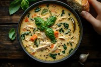 Creamy chicken soup with farfalle pasta, fresh spinach and basil leaves in dark bowl on rustic wooden table. Homemade Italian style comfort food.