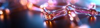 Glowing copper wire string lights creating magical bokeh effect against dark blue background, modern festive holiday lighting panoramic view.