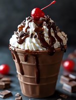Chocolate milkshake topped with whipped cream, chocolate sauce drizzle, chocolate shavings and maraschino cherry in waffle cone cup against dark background.