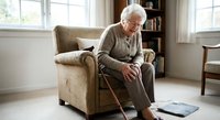 Senior Caucasian man with white hair and glasses sitting in comfortable armchair at home, holding wooden walking cane, relaxing in bright living room interior.
