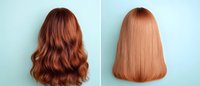 Comparison of wavy and straight copper hair styling on mint background. Before and after professional hairstyling treatment showing texture transformation.