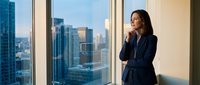 Professional businesswoman in dark suit standing by office window overlooking city skyline at sunset, contemplating future business decisions and opportunities.