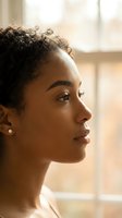 Young African American woman in profile with natural curly hair looking thoughtfully out window in soft golden light for wellness and self-care concepts.