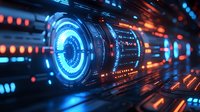 Futuristic digital tunnel with glowing blue and orange circular interface elements and data streams, abstract technology background for cybersecurity concepts.