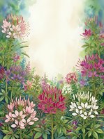 Watercolor garden with cleome spider flowers in pink, white, and magenta, lush green foliage, soft background with copy space for text.