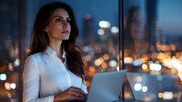 Professional businesswoman working late on laptop in modern office with city lights bokeh background for corporate presentations and business concepts.