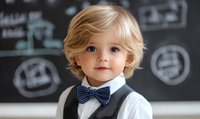 Portrait of young boy wearing formal attire with polka dot bow tie and vest against chalkboard background with doodles, showcasing childhood elegance and education theme.