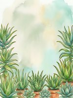 Watercolor succulent plants in terracotta pots creating decorative border frame on soft pastel background for botanical design projects and natural decor.