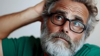 Mature Caucasian man with gray beard and glasses wearing green shirt looking up thoughtfully against light background, expressing contemplation and wisdom.