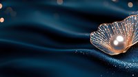 Luminous pearl in delicate crystal shell against dark blue wavy background with bokeh lights and glitter, magical luxury concept for jewelry design.