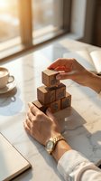 Businesswoman hands stacking wooden blocks with financial icons on marble desk in bright office with coffee cup and natural sunlight.