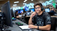 Young Asian male gamer wearing headset and glasses at competitive gaming event, focused on computer screen while taking notes, esports tournament setting.