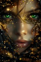 Mysterious face with striking green eyes and gold glitter makeup surrounded by magical bokeh lights and dark shadows for fantasy art concepts.