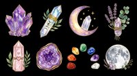Mystical crystal cluster, celestial moon with sleeping ghost, crystal wand with botanical elements, lavender bundle, rose quartz geode, colorful gemstones, and full moon illustration isolated on transparent background. Ready for t-shirt design, stickers, clipart, sublimation, and print-on-demand products.