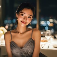 Young Asian woman in elegant gray dress with jewelry smiling at upscale restaurant dinner event with bokeh city lights background for lifestyle content.