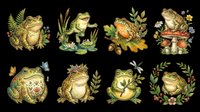Cute watercolor frogs set with flowers, mushrooms, and nature elements, isolated on transparent background. Great for stickers, t-shirt design, print on demand, and clipart.