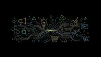 Digital marketing network with interconnected business icons and circuit lines on dark background for technology presentations.