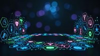 Futuristic digital platform with glowing hexagonal medical icons and holographic interface elements on dark background with bokeh lights for healthcare technology.