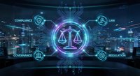 Glowing digital scales of justice surrounded by compliance, law, governance, and regulation icons on a futuristic tech interface.