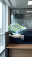 Businessman holding holographic sustainable city model with green buildings and wind turbines above palm, office environment with window light, renewable energy and urban development concept.
