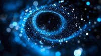 Glowing blue spiral of light particles and bokeh effects against dark background creates magical cosmic atmosphere. Suitable for technology and space concepts.