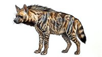 Spotted hyena with distinctive striped and mottled coat standing in profile against white background, isolated for design use on apparel and graphics.