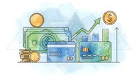 Financial growth concept with money, credit cards, charts and dollar symbols showing business success and economic progress in modern flat design style.