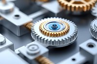 Metallic and golden cogwheels mechanism on metal surface with selective focus on central gear showing industrial machinery detail and precision engineering.