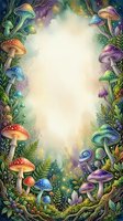 Enchanted forest frame with colorful mushrooms, ferns, and glowing magical lights surrounding a blank white center space, perfect for text overlay and design projects.