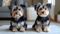 Two adorable Yorkshire Terrier puppies sitting side by side on carpet in living room, showcasing their silky black and tan coats and alert expressions.