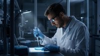 Caucasian male scientist in white lab coat and blue gloves conducting research with pipette in modern laboratory setting, suitable for healthcare, biotechnology, and medical research projects.