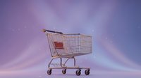 Empty shopping cart on purple gradient background with sparkles for retail and e-commerce concepts.