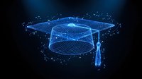 Glowing blue graduation cap with digital network particles on dark background. Symbol of online education, e-learning, and academic achievement for educational technology designs.