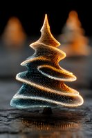 Abstract Christmas tree made of glowing golden particles with spiral motion blur effect on dark background for holiday designs and festive decorations.